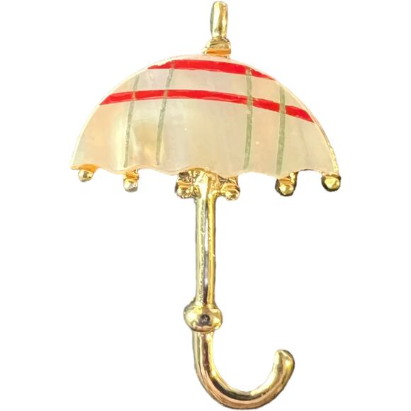 Vintage Umbrella Brooch Pin Mother of Pearl Red Stripe Gold Tone 1960s Parasol - Picture 1 of 15